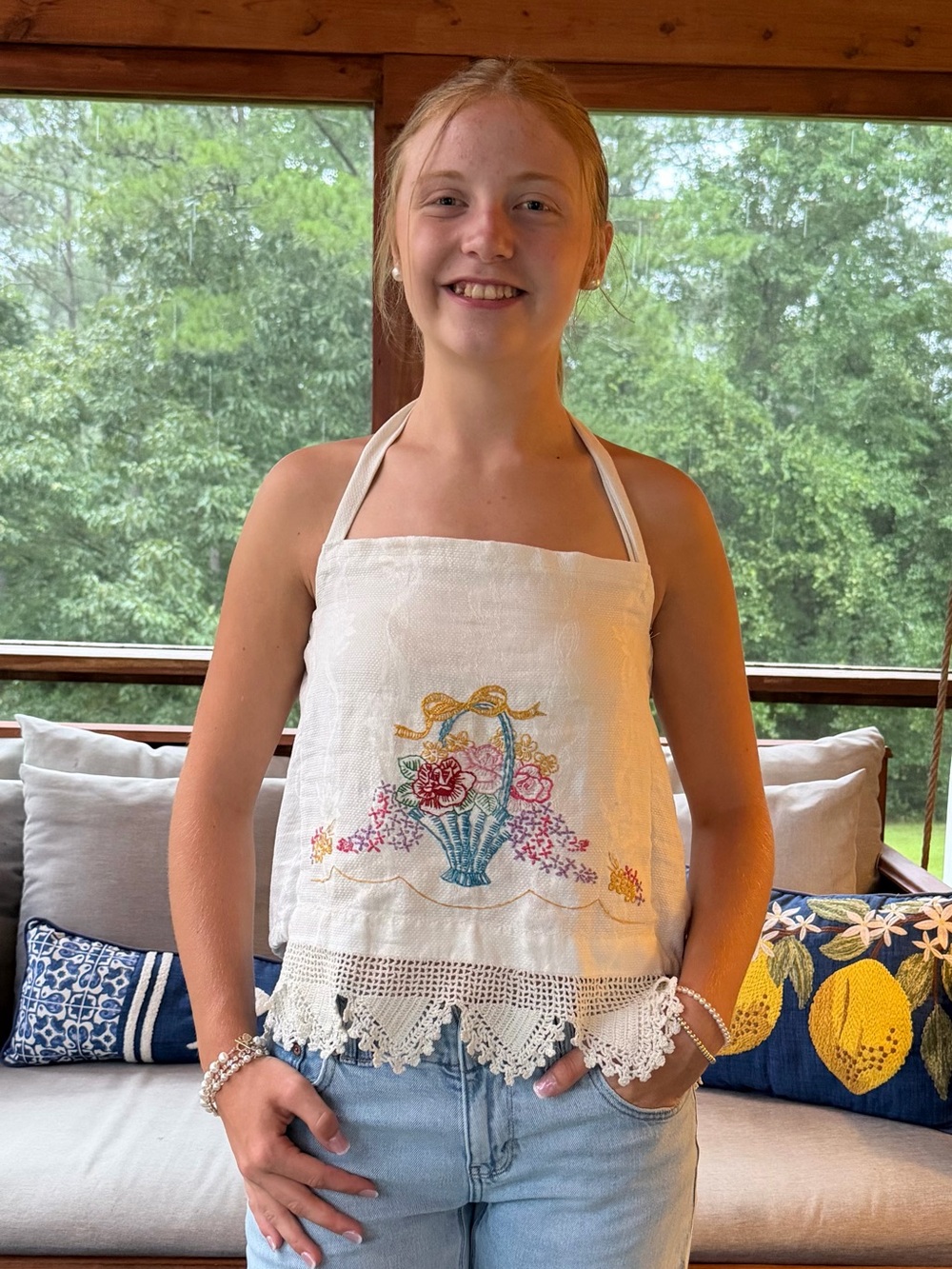 Upcycled Hand-Embroidered White Halter Top with Floral Basket